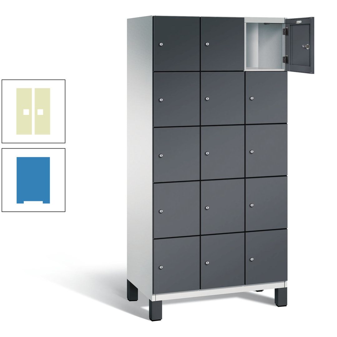Fächerschrank, Stahlschrank, 15 Fächer, Türöffnungsbegrenzer, Füße, 1.980 x 900 x 525 mm (HxBxT), Korpus anthrazitgrau, Front anthrazitgrau