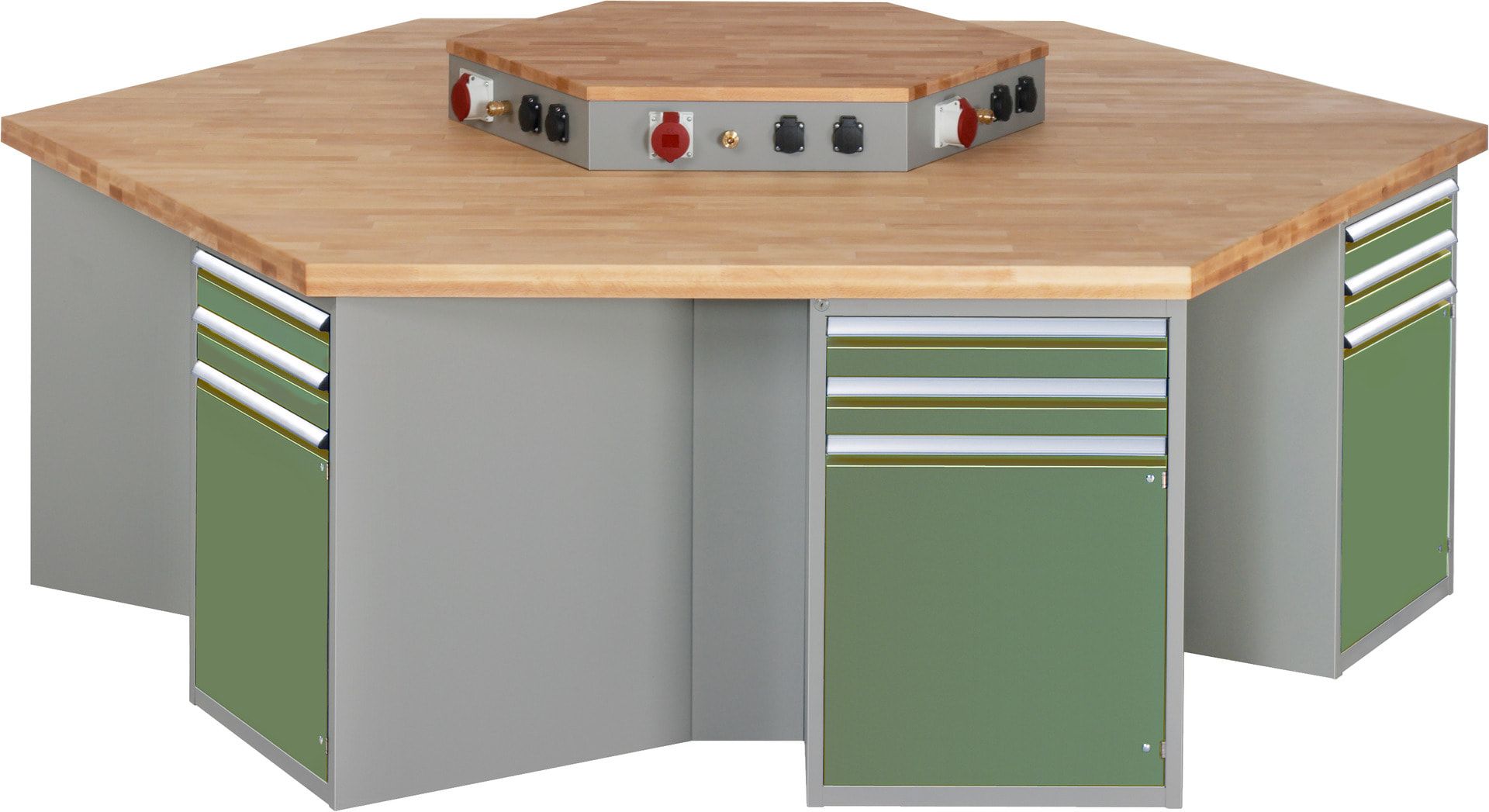 Gruppenwerkbank, Buche, Höhe 840 mm, mit Energieaufsatz, Unterbau-Container, 2 Schubladen, 1 Tür, 1 Boden - Anthrazitgrau