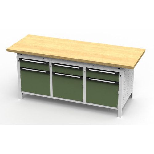 OTTOKIND Werkbank - bündige Arbeitsplatte - 850 x 1.695 x 750 mm (HxBxT) - 3 Schubladen - 3 Schränke - lichtgrau