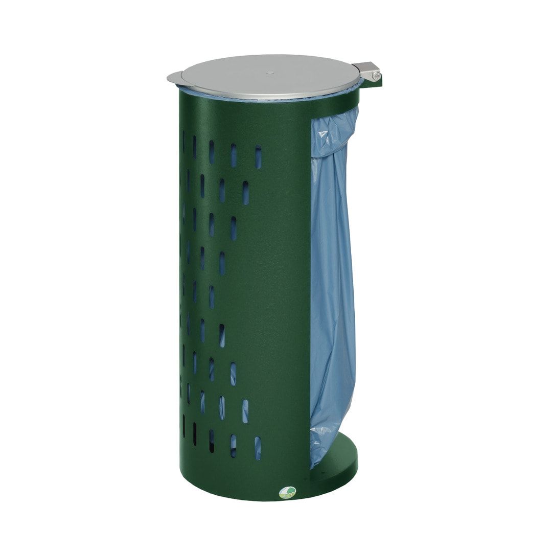 Müllsackhalter - mit Klapptür - gelochter Korpus - rund - Volumen 80 l - 850 x 380 x 440 mm (HxBxT) - Antik silber