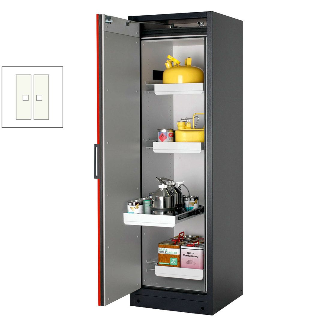 Gefahrstoffschrank - 2 x 0,6 x 0,6 m - 2 Auszugswannen - Edelstahl-Einrichtung - Türanschlag links - Front enzianblau