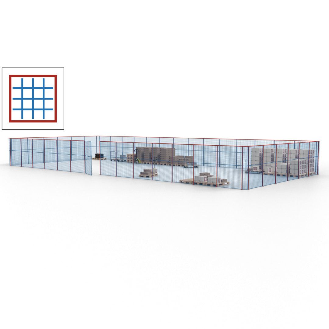 Maschinen Schutzgitter - Hallentrennwand - Sicherheitszaun - Tür - 60 m - 2.200 x 21.400 x 9.400 mm (HxBxT) - enzianblau