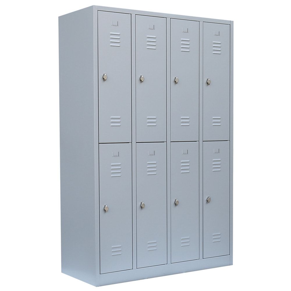 Garderobenschrank, Doppelstockspind, 4 Abteile, 8 Fächer, 1.950 x 1.170 x 500 mm (HxBxT), Stahl, Drehriegel, Korpus: lichtgrau, Front: lichtgrau