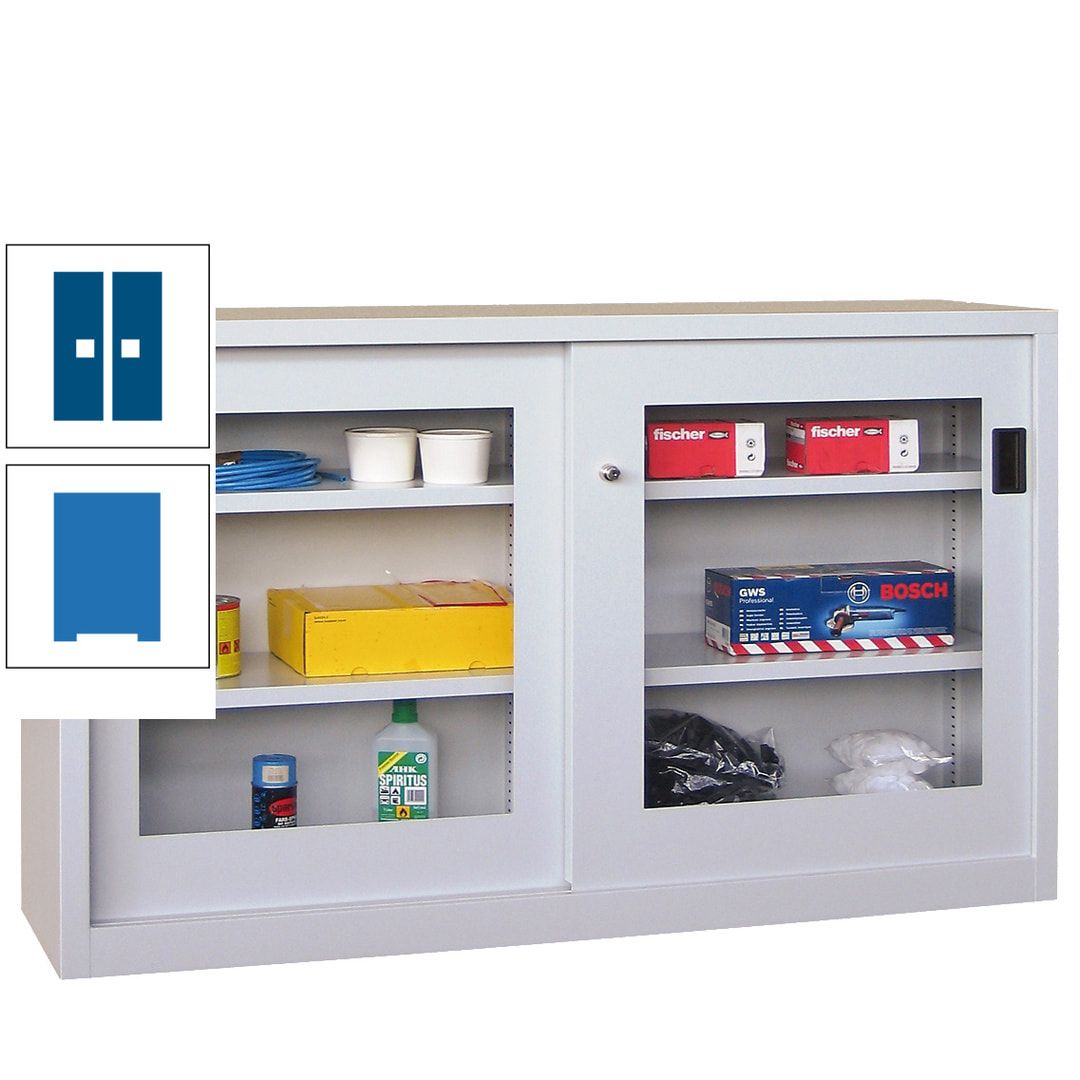 Schiebetürenschrank - Sichtfenstertüren - 1.000x1.500x600 mm (HxBxT) - 4 Böden, verzinkt - Zylinderschloss - anthrazitgrau
