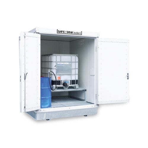 Isolierter Gefahrstoffcontainer - 2.650 x 2.100 x 2.170 mm (HxBxT) - Auffangvolumen 1.040 l - ohne Lüftung - asymmetrische Doppelflügeltür