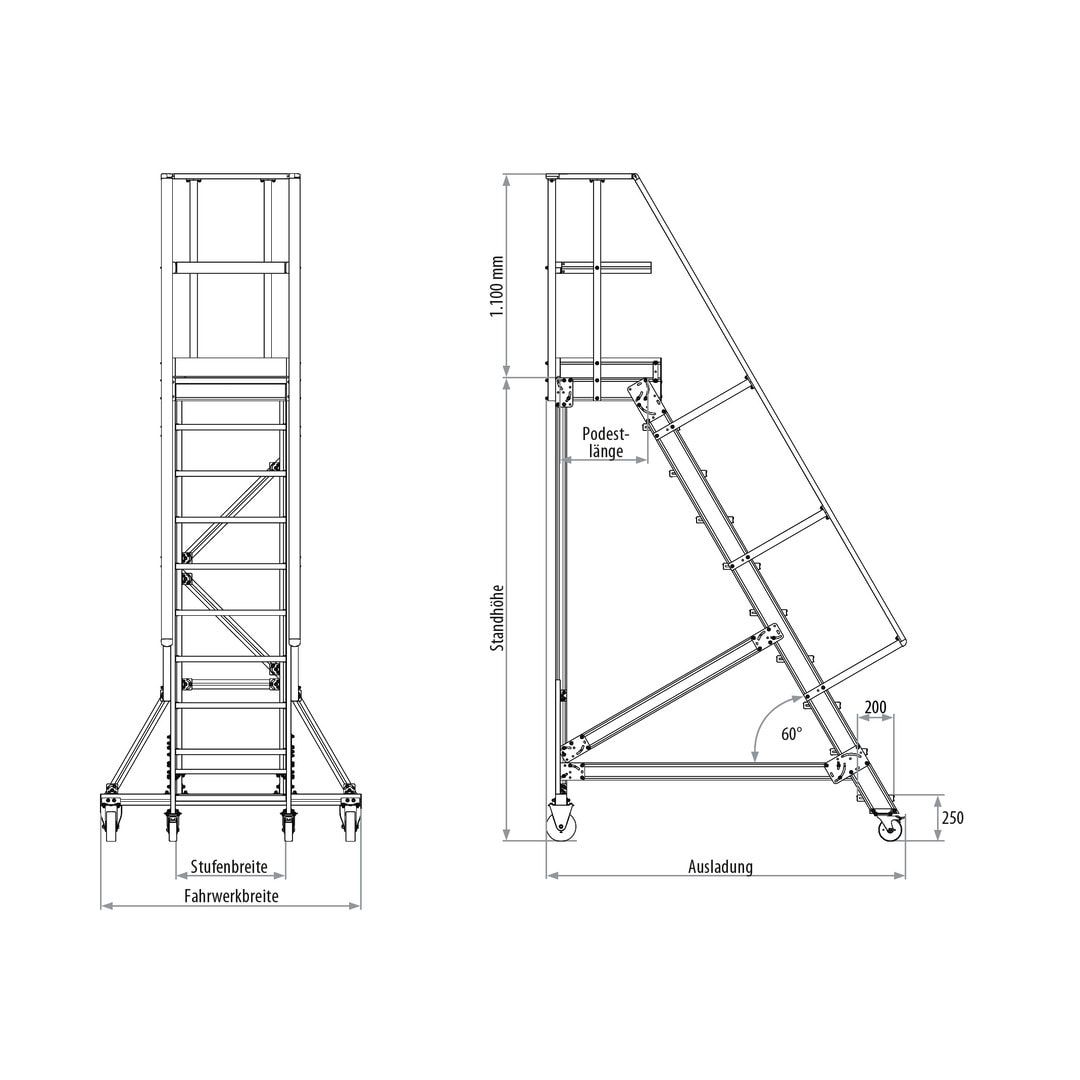 Fahrbare Podestleiter - Podesttreppe - 2.100 x 1.000 x 1.080 mm (HxBxT) - 4 Stufen 600 mm Breite - Treppenneigung 60 Grad - Aluminium - Rollpodest