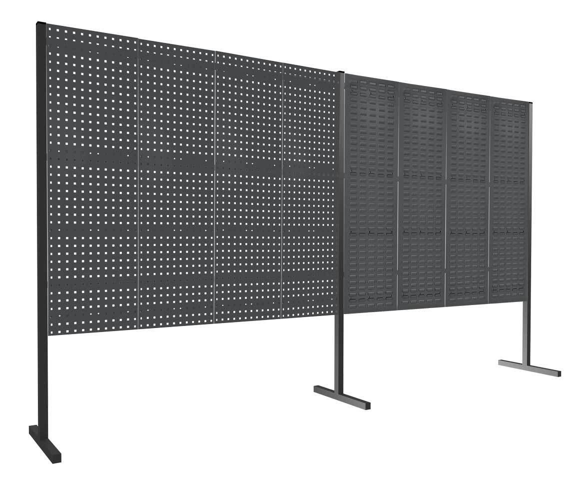 Modulare Trennwand, Werkzeugwand, Doppelfeld 180 Grad, 3 Loch- u. 3 Schlitzplatten, Plattenhöhe 1.500 mm, 2.000 x 3.000 mm (HxB), Anthrazitgrau