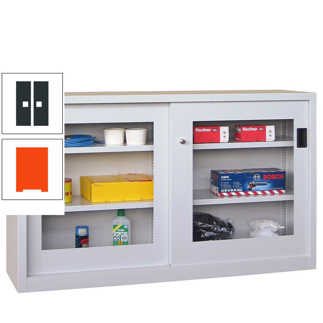 Schiebetürenschrank - Sichtfenstertüren - 1.000x1.500x600 mm (HxBxT) - 4 Böden, verzinkt - Zylinderschloss - anthrazitgrau
