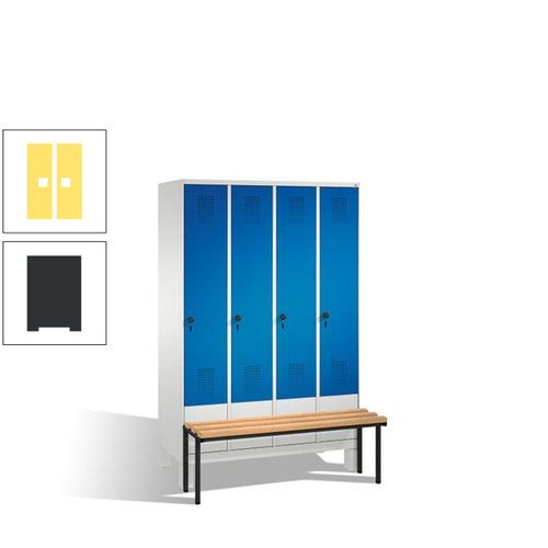 Stahl-Garderobenschrank, Spind, Buche Sitzbank vorgebaut, 4 Abteile a 300 mm, Korpus Lichtgrün, Tür Schwefelgelb, 1.850 x 1.200 x 815 mm (HxBxT)