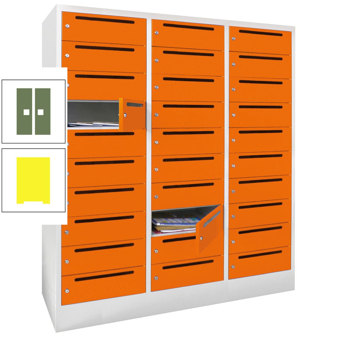 Postverteilerschrank, Schließfachschrank, 3 Abteile a 40 cm, 30 Fächer, 1.850 x 1.200 x 500 mm (HxBxT), Korpus anthrazitgrau, Front anthrazitgrau