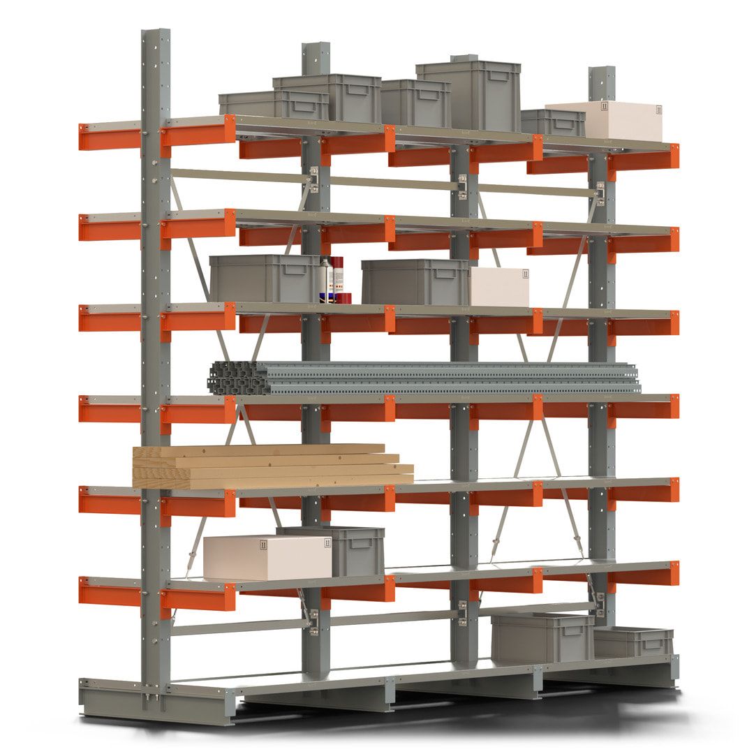Doppelseitiges Kragarmregal mit Fachböden, 2 Felder, 3.000 x 2.000 (HxB), Nutztiefe 1.000 mm, Kragarmlast 450 kg, KARL basic, silbergrau/reinorange