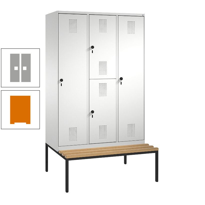 Garderobenschrank, Spind ein- und doppelstöckig Sitzbank, 3 Abteile, 4 Fächer, 2.090x1.200x500 mm (HxBxT), Front anthrazitgrau, Korpus anthrazitgrau