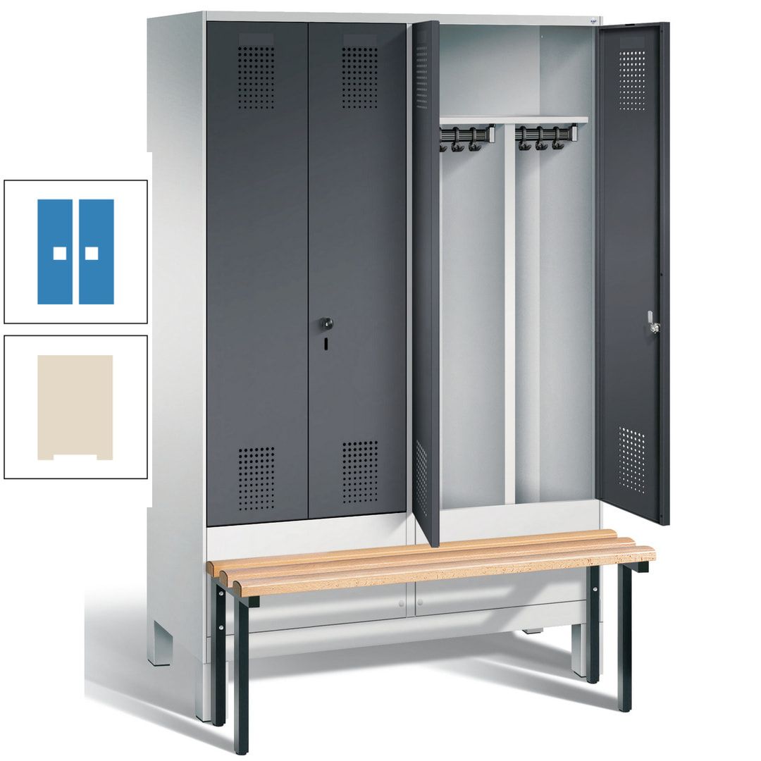 Doppel-Spind, Garderobenschrank, Buche Sitzbank vorgebaut, 4 Abteile a 300 mm, Korpus feuerrot, Tür Wasserblau, 1.850 x 1.200 x 815 mm (HxBxT)