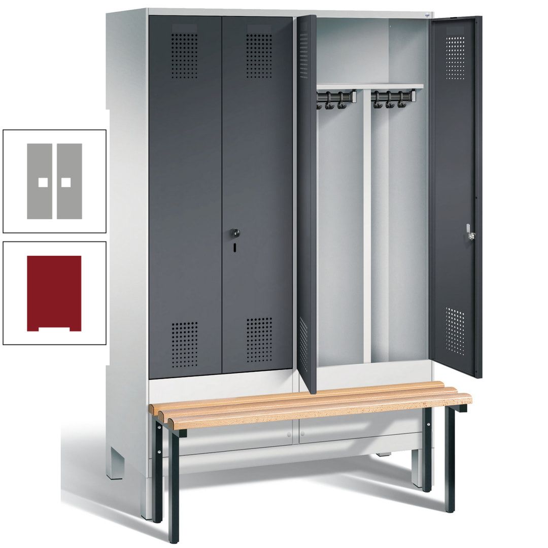 Doppel-Spind, Garderobenschrank, Buche Sitzbank vorgebaut, 4 Abteile a 300 mm, Korpus feuerrot, Tür Wasserblau, 1.850 x 1.200 x 815 mm (HxBxT)