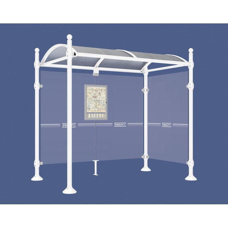 Buswartehalle, Unterstand, 2 Seitenwände, Kopf gebürsteter Edelstahl, ESG, Fahrplanschaukasten, 2.500 x 2.500 x 1.600 mm (HxBxT), Farbe enzianblau