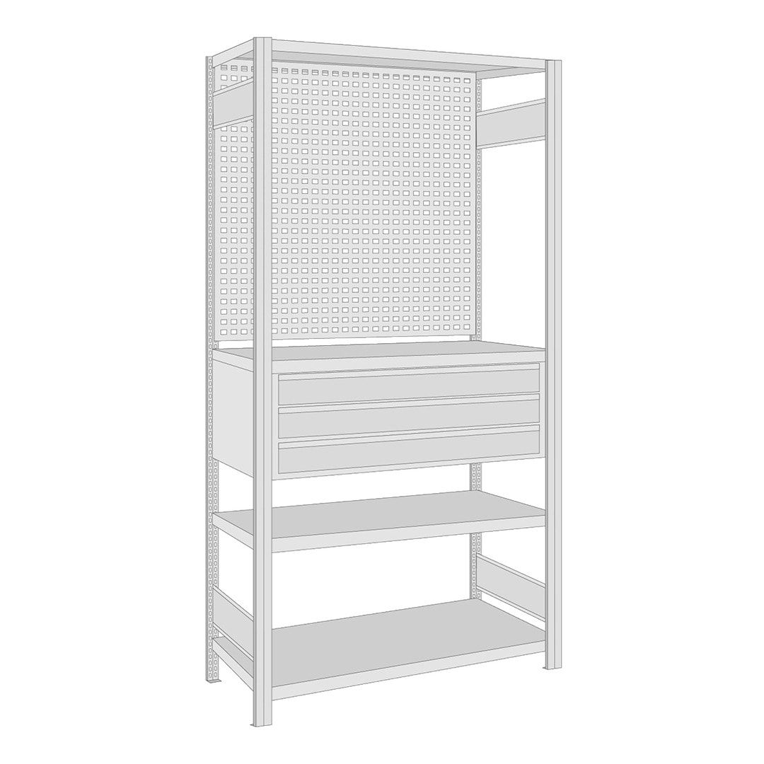 Fachbodenregal mit Lochwand - 150 kg - 4 Fachböden - 3 Schubladen - 2.000 x 1.005 x 500 mm (HxBxT) - Anbauregal - verzinkt