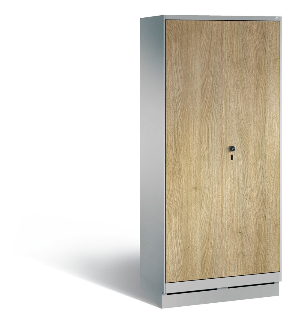 Doppel-Spind, Garderobenschrank auf Sockel, 2 Abteile a 400 mm, Korpus anthrazitgrau, Tür Dekorfront HPL Donau-Ahorn, 1.800 x 800 x 500 mm (HxBxT)