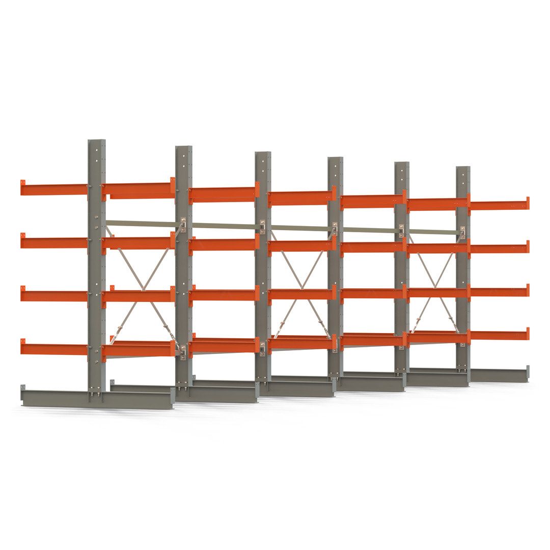 Doppelseitiges Kragarmregal, 2 Felder, 2.000 x 2.560 x 1.120 mm (HxBxT), Nutztiefe 500 mm, Kragarmlast 870 kg, KARL basic, silbergrau/reinorange