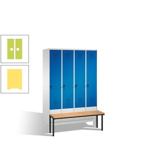 Stahl-Garderobenschrank, Spind, Buche Sitzbank vorgebaut, 4 Abteile a 300 mm, Korpus Lichtgrün, Tür Schwefelgelb, 1.850 x 1.200 x 815 mm (HxBxT)