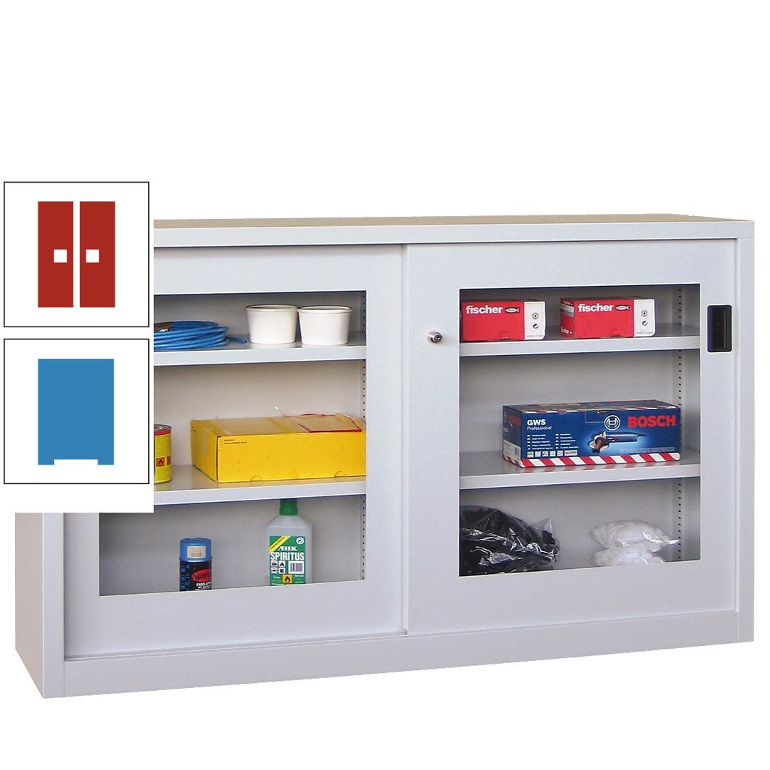 Schiebetürenschrank - Sichtfenstertüren - 1.000x1.500x600 mm (HxBxT) - 4 Böden, verzinkt - Zylinderschloss - anthrazitgrau