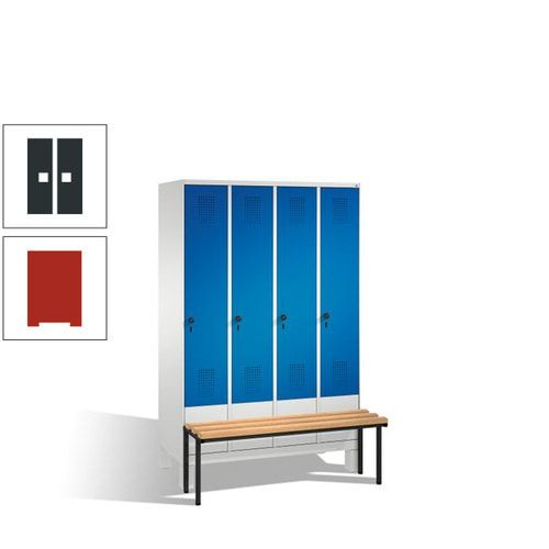 Stahl-Garderobenschrank, Spind, Buche Sitzbank vorgebaut, 4 Abteile a 300 mm, Korpus Lichtgrün, Tür Schwefelgelb, 1.850 x 1.200 x 815 mm (HxBxT)