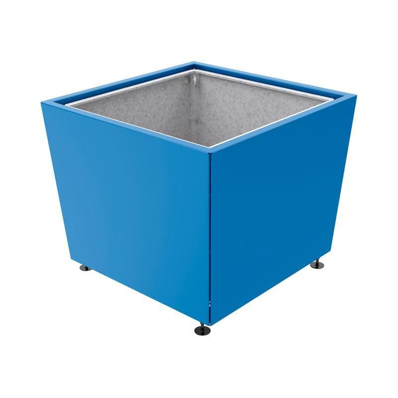 Pflanzkübel, 2 mm Stahlblech fvz, innen Blech feuerverzinkt mit Verladungsgriffen, verstellbare Füße, 760 x 785 x 785 mm (HxBxT), enzianblau