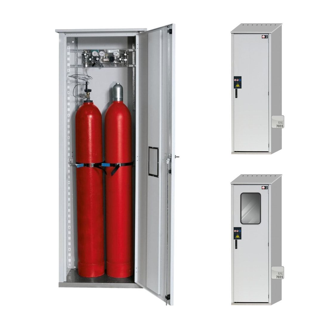 Druckgasflaschenschrank für Außenbereich, Edelstahlsockel, 2 Flaschenplätze, Tür mit Klappfenster, 2.149 x 706 x 400 mm (HxBxT), Farbe lichtgrau