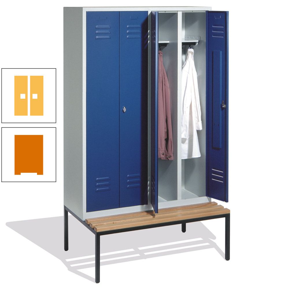 Doppel-Spindschrank, Buche Sitzbank untergebaut, 4 Abteile a 300 mm, Korpus lichtgrau, Tür anthrazitgrau, 2.090 x 1.190 x 815 mm (HxBxT)