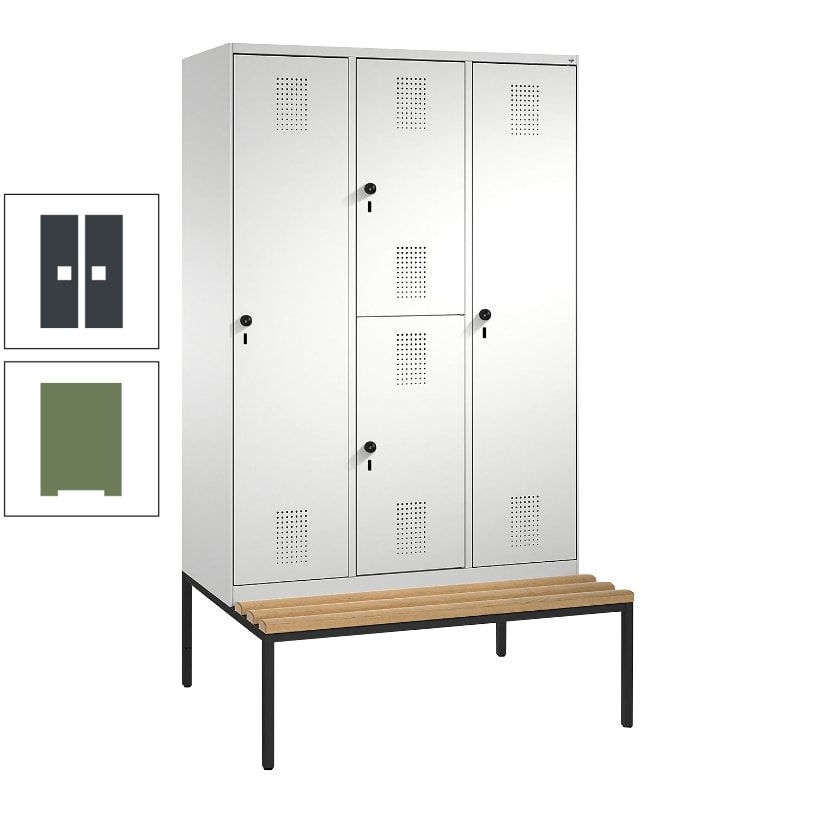 Garderobenschrank, Spind ein- und doppelstöckig Sitzbank, 3 Abteile, 4 Fächer, 2.090x1.200x500 mm (HxBxT), Front anthrazitgrau, Korpus anthrazitgrau