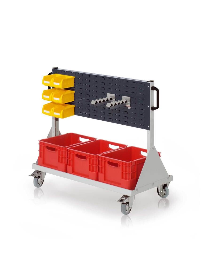 Mobiler Rollwagen, 2 Schlitzplatten, 6 Sichtlagerkästen, 3 Transportbehälter, Wellenträger, 890 x 1.000 x 500 mm (HxBxT), Anthrazitgrau (RAL 7016)