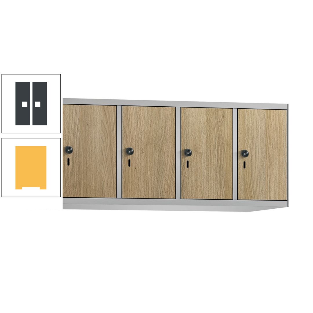 Aufsatzschrank, Schrankaufsatz, 4 Fächer a 300 mm, Farbe Pastellgelb, Tür anthrazitgrau, 500 x 1.200 x 500 mm (HxBxT)