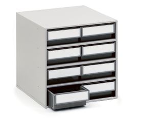 Schubladenmagazin, Magazin für Kleinteile, 395 x 400 x 400 (HxBxT), Gehäusefarbe lichtgrau, Schubladenfarbe Betongrau, Anzahl Schubladen wählbar