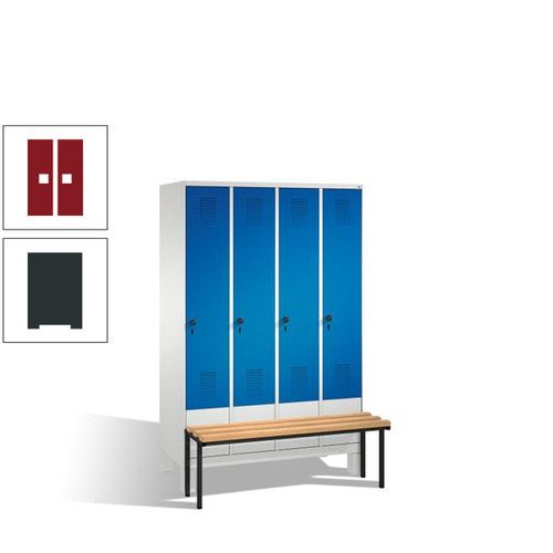 Stahl-Garderobenschrank, Spind, Buche Sitzbank vorgebaut, 4 Abteile a 300 mm, Korpus Lichtgrün, Tür Schwefelgelb, 1.850 x 1.200 x 815 mm (HxBxT)