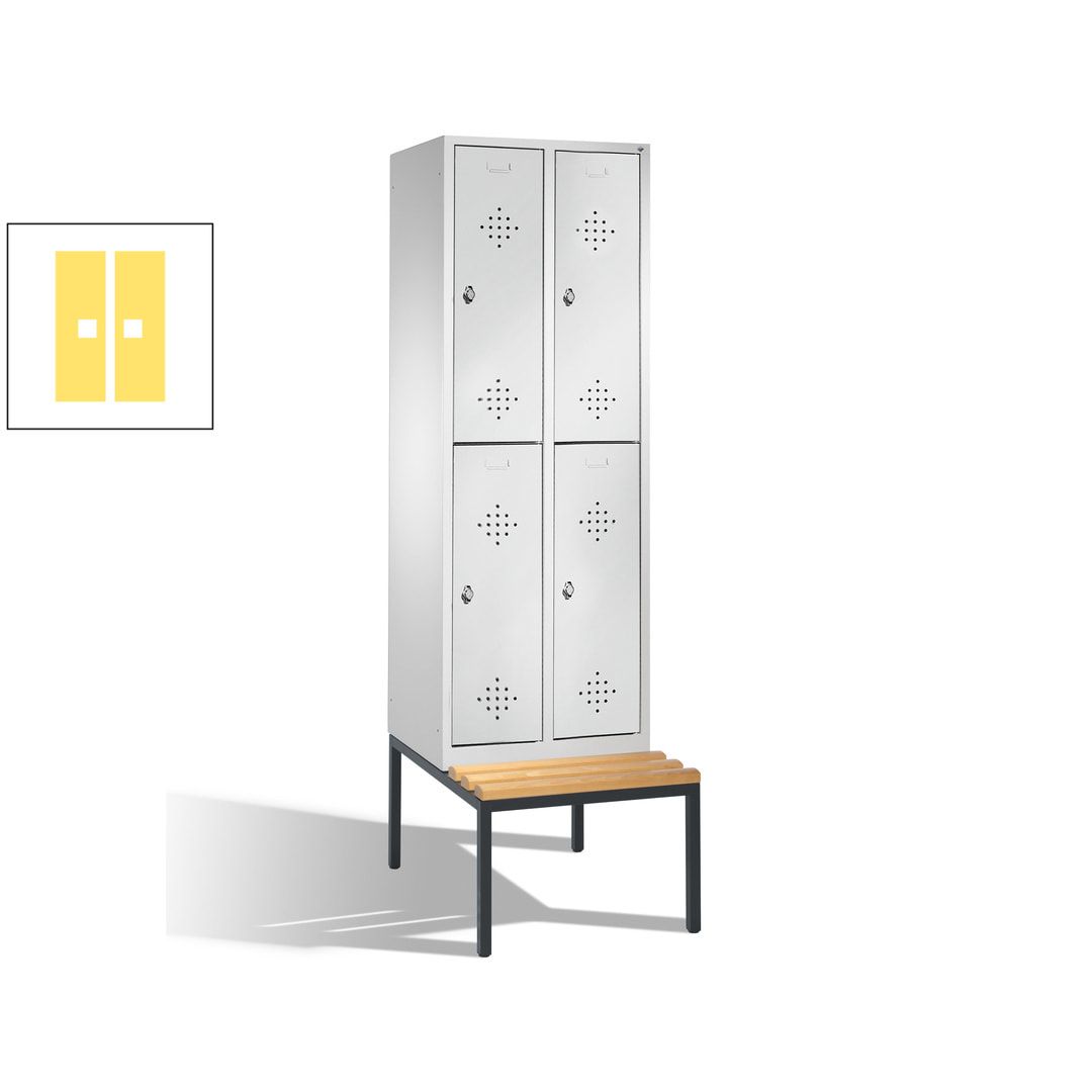 Garderobenschrank, Spind, 2 Abteile, 4 Fächer, 2.090 x 610 x 815 mm (HxBxT), Hartholz Sitzbank untergebaut, Korpus weißaluminium, Türen anthrazitgrau
