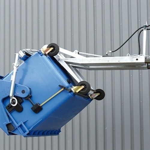Mülltonnenkipper für Müllgroßbehälter, Gabelstapler geeignet, hydraulisch, Deckelsicherung, Kettensicherung, Traglast 600 kg, Farbe anthrazitgrau