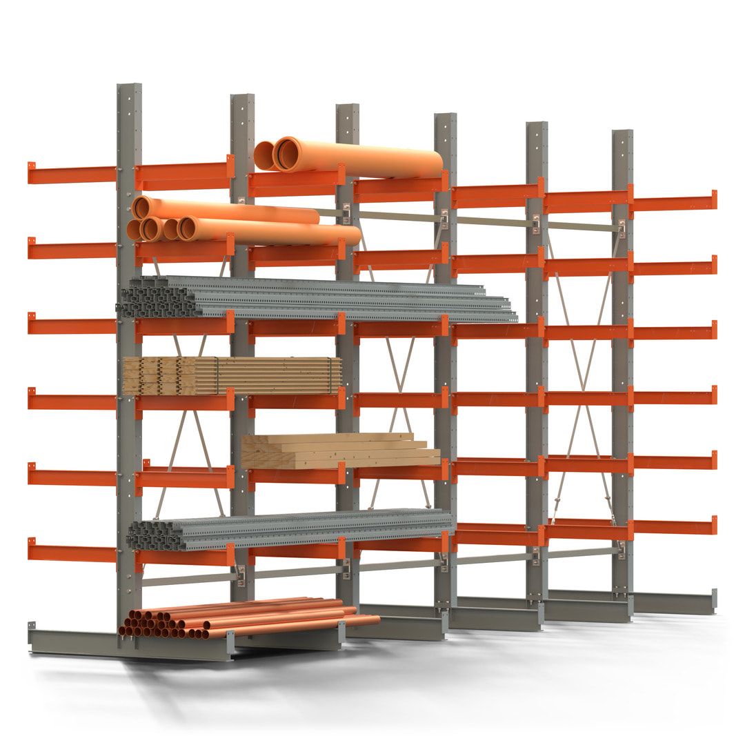 Doppelseitiges Kragarmregal, 2 Felder, 3.000 x 2.000 x 1.120 mm (HxBxT), Nutztiefe 500 mm, Kragarmlast 870 kg, KARL basic, silbergrau/reinorange