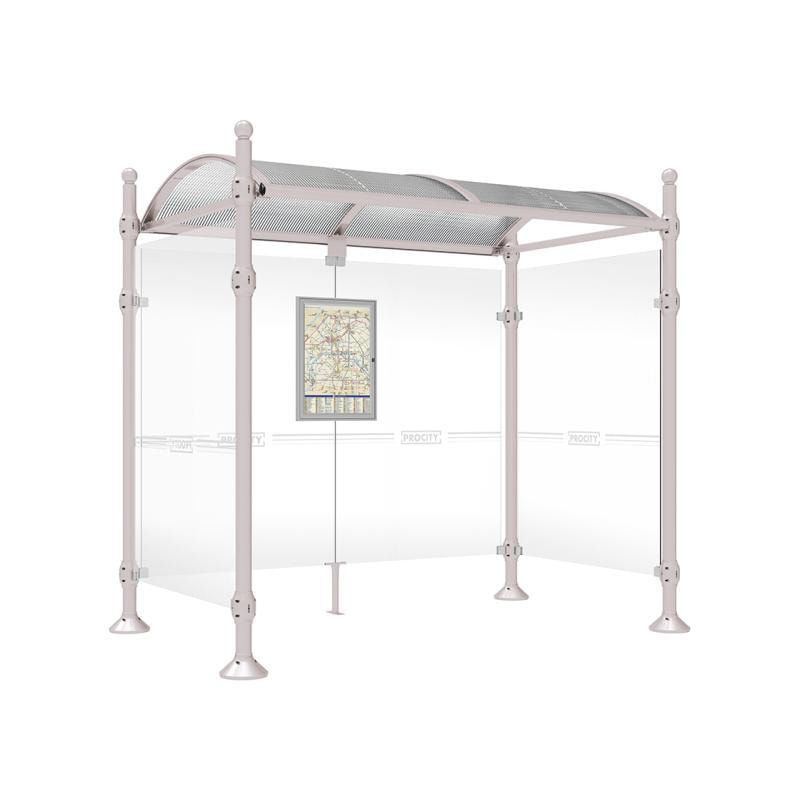 Buswartehalle, Unterstand, 2 Seitenwände, Kopf gebürsteter Edelstahl, ESG, Fahrplanschaukasten, 2.500 x 2.500 x 1.600 mm (HxBxT), Farbe enzianblau