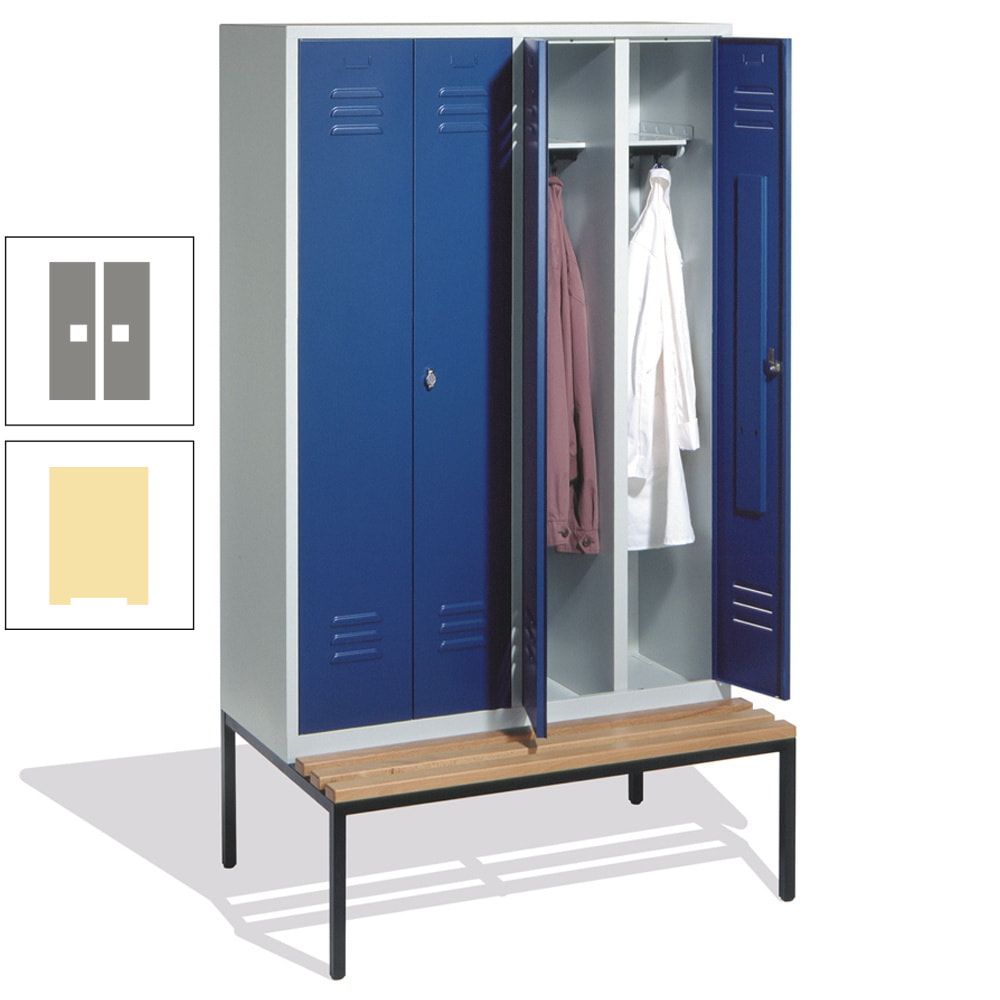 Doppel-Spindschrank, Buche Sitzbank untergebaut, 4 Abteile a 300 mm, Korpus lichtgrau, Tür anthrazitgrau, 2.090 x 1.190 x 815 mm (HxBxT)