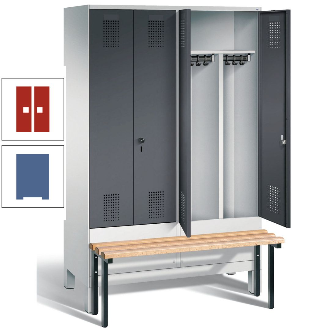 Doppel-Spind, Garderobenschrank, Buche Sitzbank vorgebaut, 4 Abteile a 300 mm, Korpus feuerrot, Tür Wasserblau, 1.850 x 1.200 x 815 mm (HxBxT)
