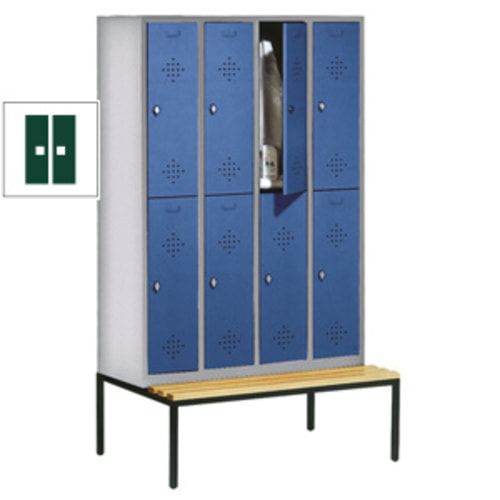 Garderobenschrank, Spind, 4 Abteile 8 Fächer, 2.090 x 1.190 x 815 mm (HxBxT), Hartholz Sitzbank untergebaut, Korpus anthrazitgrau, Türen anthrazitgrau