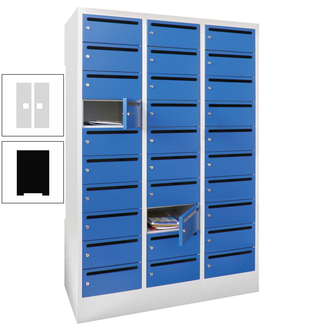 Postverteilerschrank, Schließfachschrank, 3 Abteile a 300 mm, 30 Fächer, 1.850 x 900 x 500 mm (HxBxT), Korpus anthrazitgrau, Front anthrazitgrau