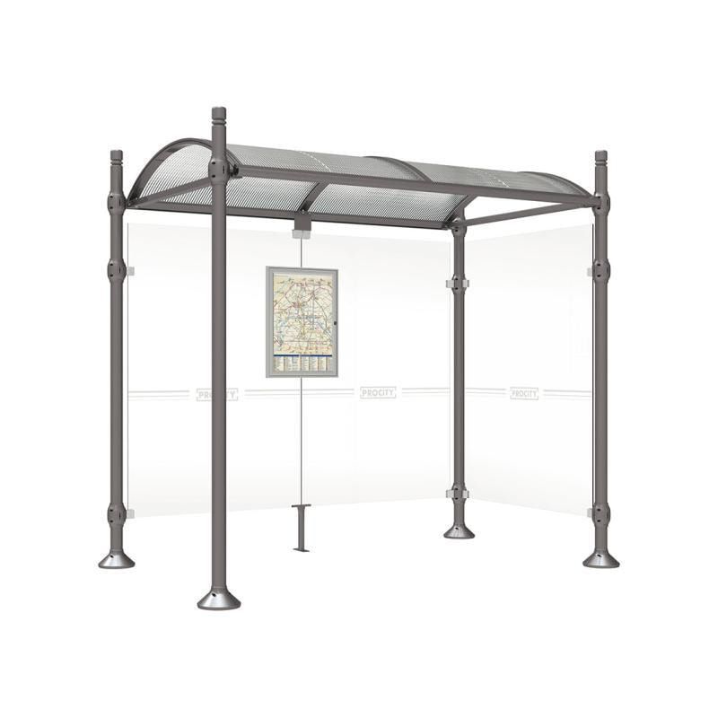Buswartehalle, Unterstand, 2 Seitenwände, Kopf gebürsteter Edelstahl, ESG, Fahrplanschaukasten, 2.500 x 2.500 x 1.600 mm (HxBxT), Farbe enzianblau