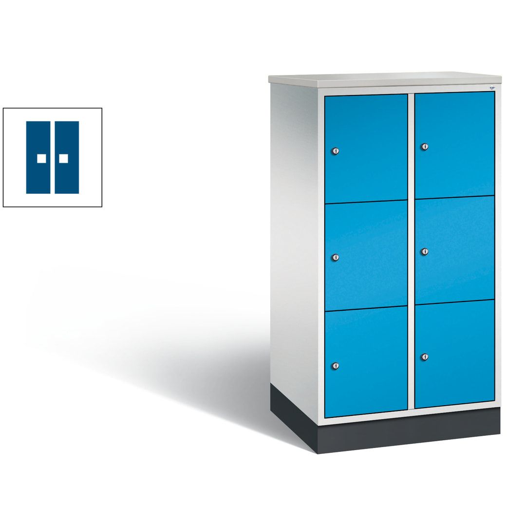Schließfachschrank, Fächerschrank, 2 Abteile, 6 Fächer, Zylinderschloss, 1.250 x 620 x 500 mm (HxBxT), Korpus Fernblau, Tür anthrazitgrau