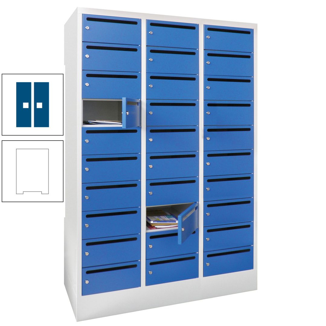 Postverteilerschrank, Schließfachschrank, 3 Abteile a 300 mm, 30 Fächer, 1.850 x 900 x 500 mm (HxBxT), Korpus anthrazitgrau, Front anthrazitgrau