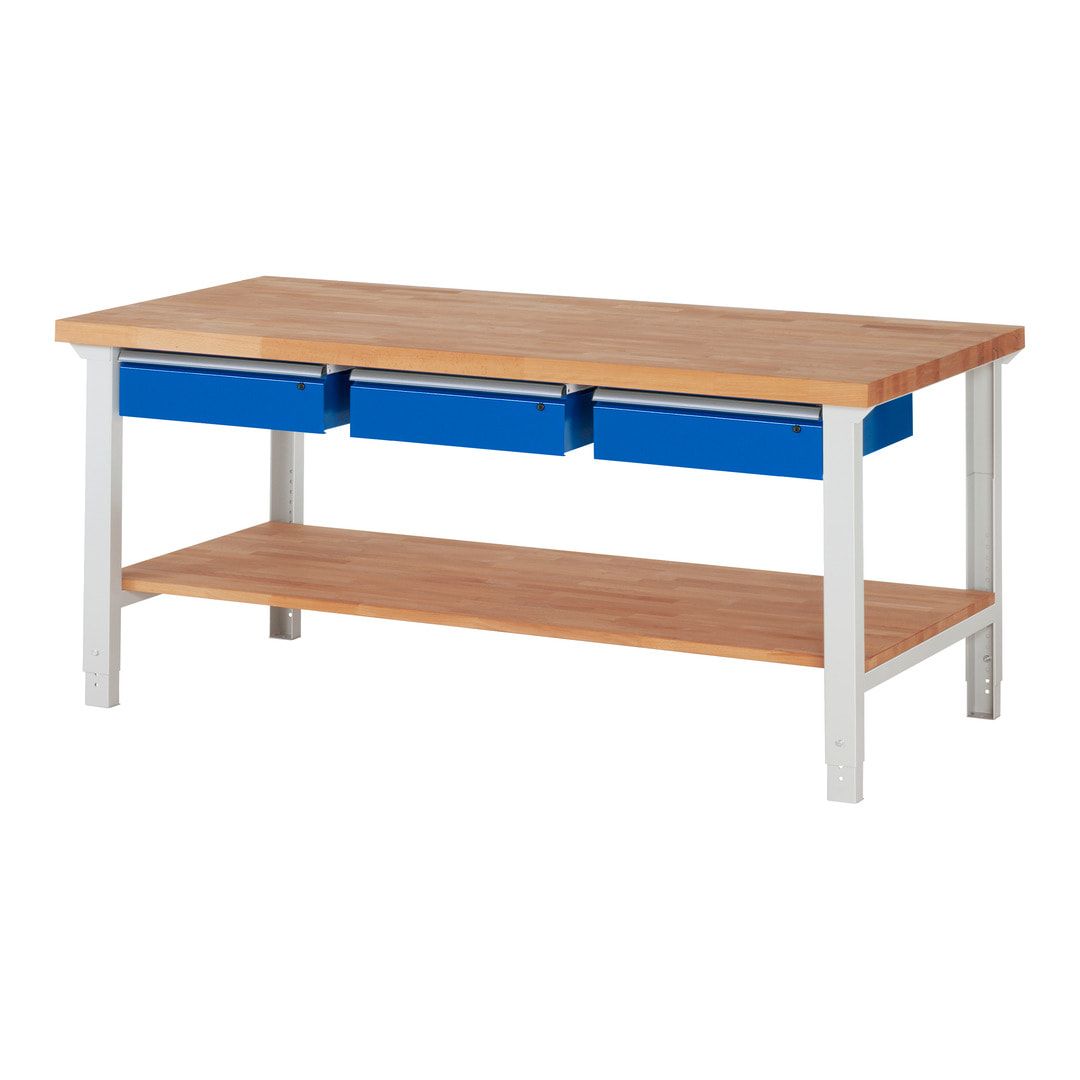 Werkbank mit Ablage - 3 Schubladen - 150:3 - höhenverstellbar 790 - 1.140 mm - 2.000 x 900 mm (BxT) - 750 kg - Buche - Anthrazitgrau