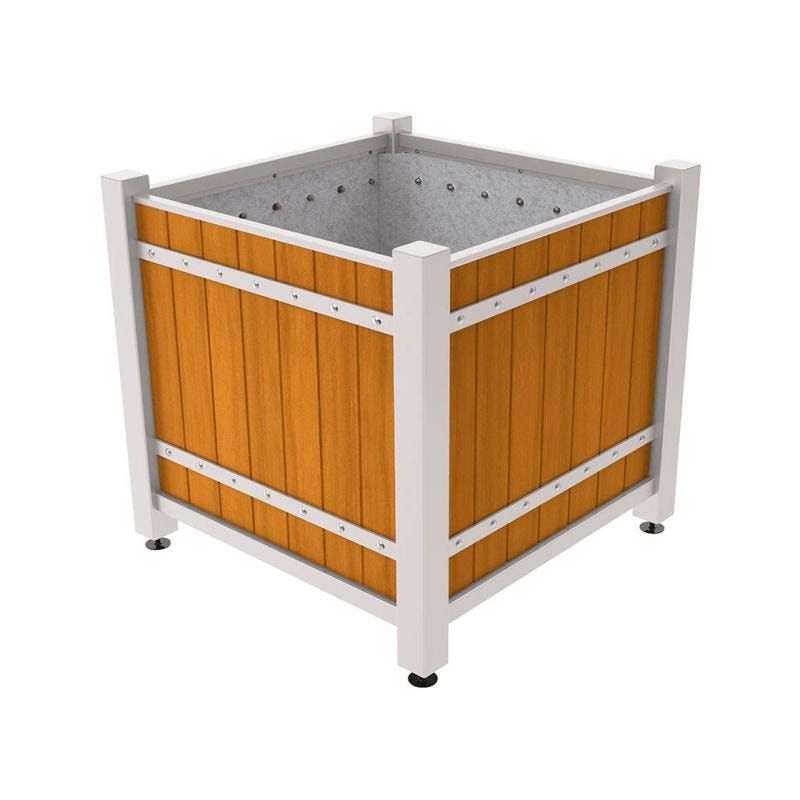 Pflanzbehälter, Pflanzgefäß, verzinkt, Eichenholzverkleidung, innen feuerverzinkt mit Verladungsgriffen, 1.085 x 1.230 x 1.230 mm (HxBxT), enzianblau