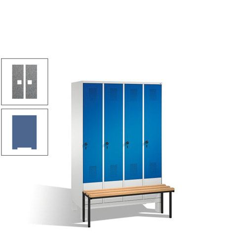 Stahl-Garderobenschrank, Spind, Buche Sitzbank vorgebaut, 4 Abteile a 300 mm, Korpus Lichtgrün, Tür Schwefelgelb, 1.850 x 1.200 x 815 mm (HxBxT)