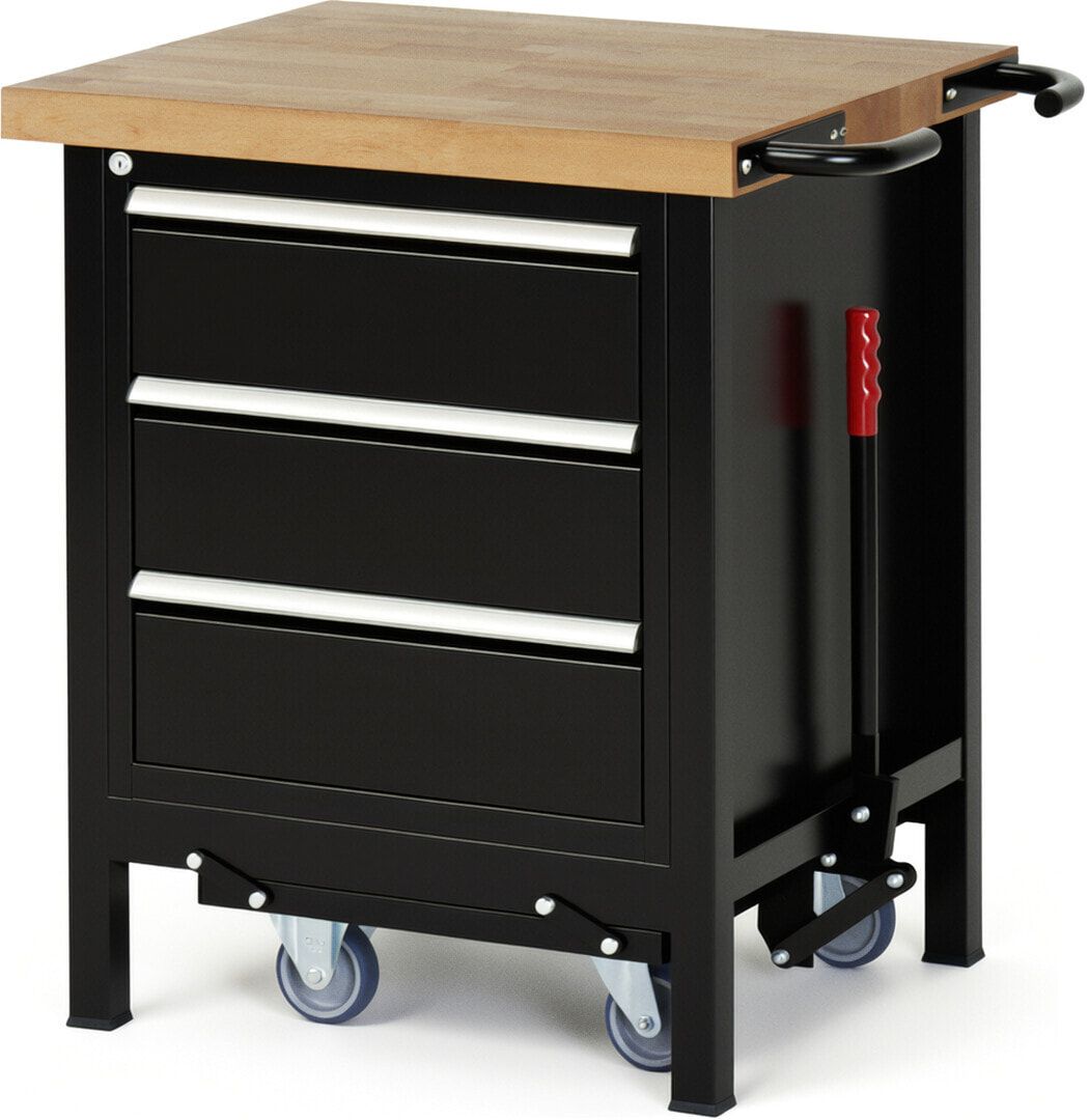 Mobile absenkbare Werkbank mit 3 Schubladen - Teilauszug - 180:3 - 880 x 750 x 700 mm (HxBxT) - 1,25 t - Buche - Anthrazitgrau