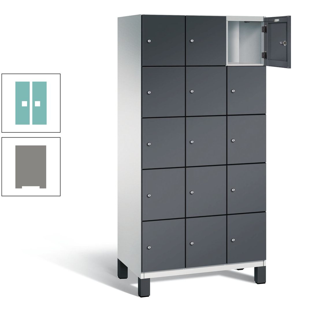 Fächerschrank, Stahlschrank, 15 Fächer, Türöffnungsbegrenzer, Füße, 1.980 x 900 x 525 mm (HxBxT), Korpus anthrazitgrau, Front anthrazitgrau