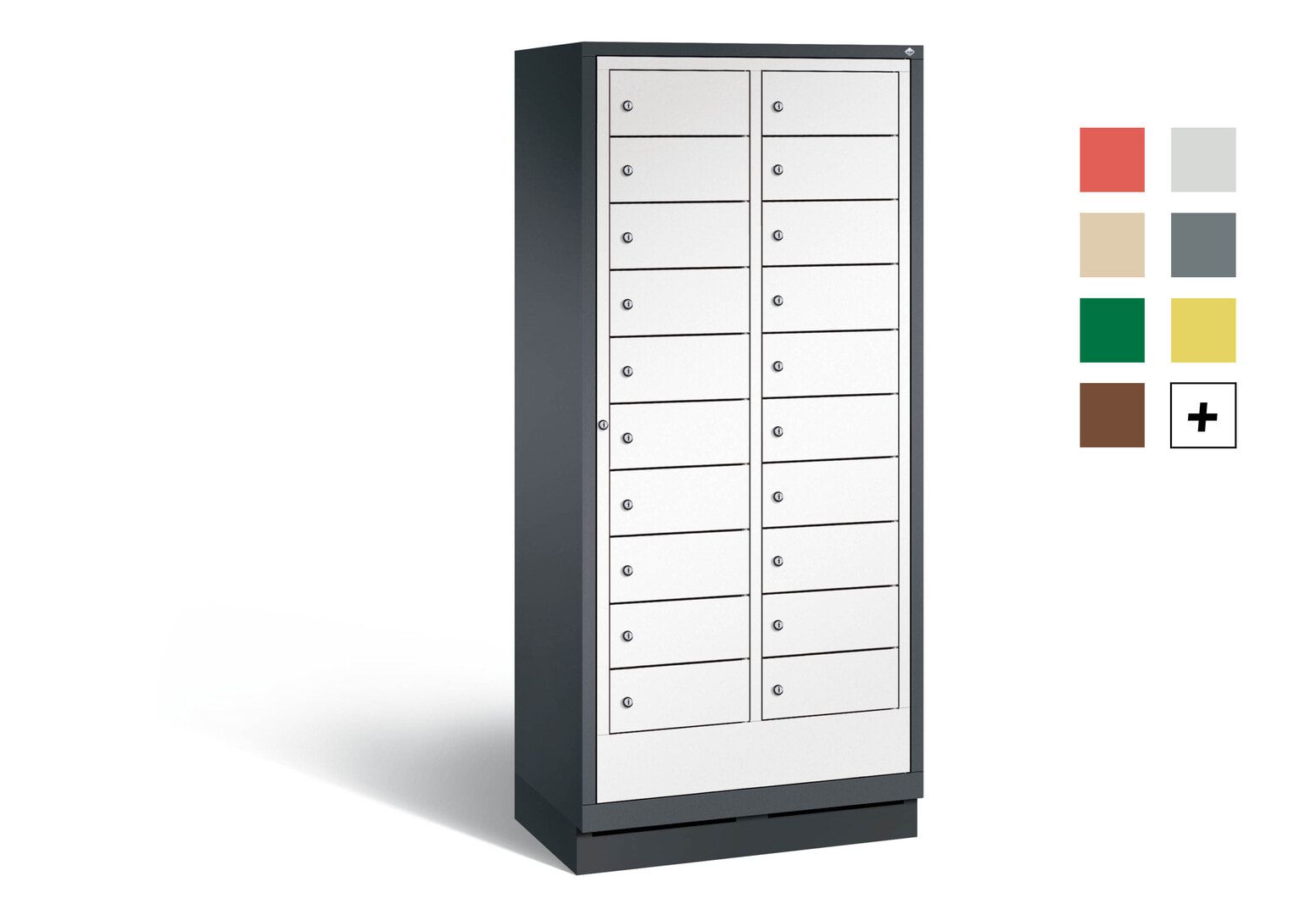 Wäscheschrank, Ausgabeschrank, Fächerschrank, Zentraltür, Sockel, 20 Fächer, Korpus Pastellgelb, Tür anthrazitgrau, 1.800 x 810 x 500 mm (HxBxT)